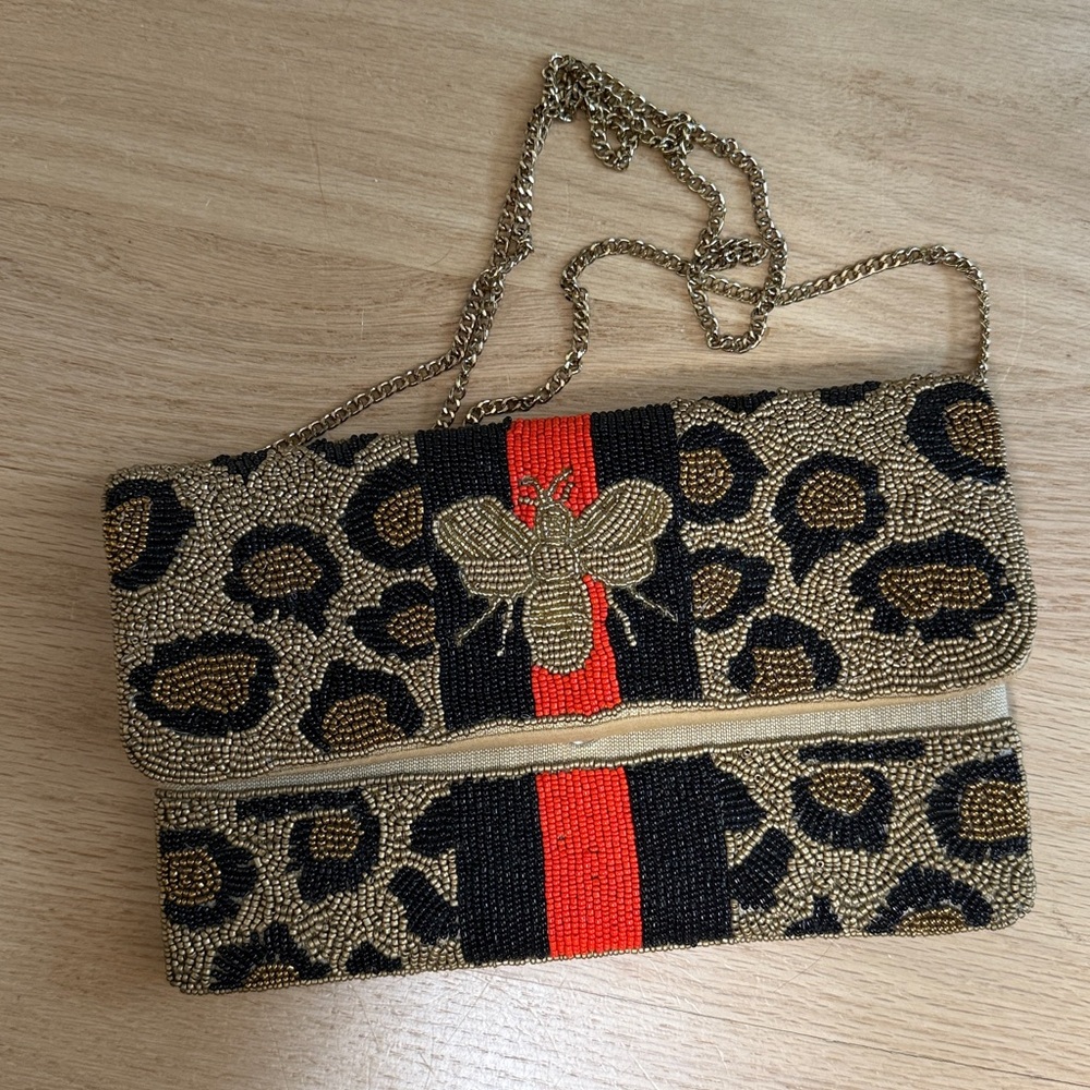 Beaded Leopard Print Crossbody Clutch with Red Stripe